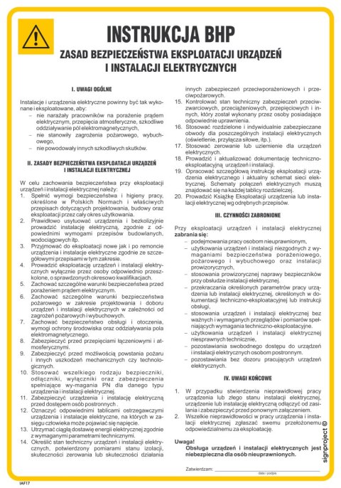 IAF17 Instrukcja ogólna zasad bezpieczeństwa eksploatacji urządzeń i instalacji elektrycznych, 245x350 mm, HN - Płyta TD-fl