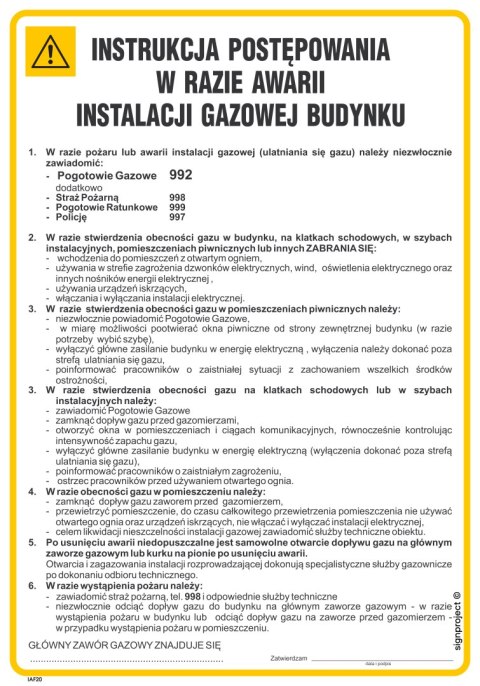 IAF20 Instrukcja BHP postępowania w razie awarii instalacji gazowej budynku, 245x350 mm, HN - Płyta TD-flex 0,4mm