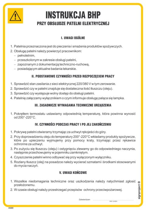 IAG02 Instrukcja BHP przy obsłudze patelni elektrycznej, 245x350 mm, PN - Płyta 1 mm