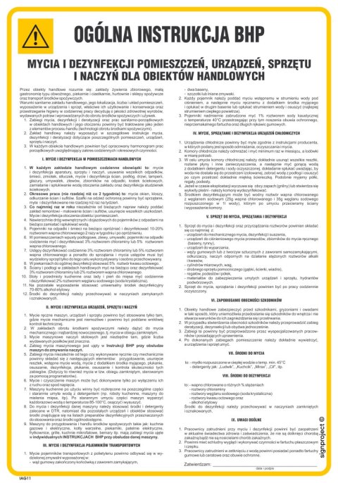 IAG11 Ogólna instrukcja BHP mycia i denzynfekcji pomieszczeń, urządzeń, sprzętu i naczyń dla obiektów handlowych, 245x350 m