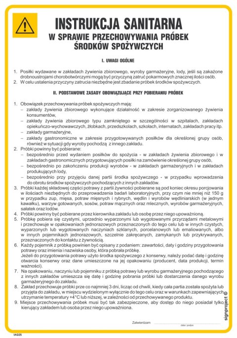 IAG25 Instrukcja sanitarna w sprawie przechowywania próbek środków spożywczych, 245x350 mm, PN - Płyta 1 mm