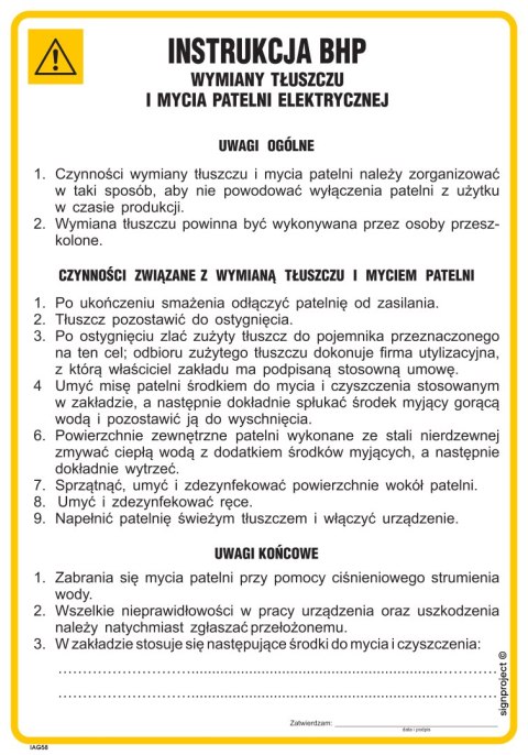 IAG58 Instrukcja BHP wymiany tłuszczu i mycia patelni elektrycznej, 245x350 mm, PN - Płyta 1 mm