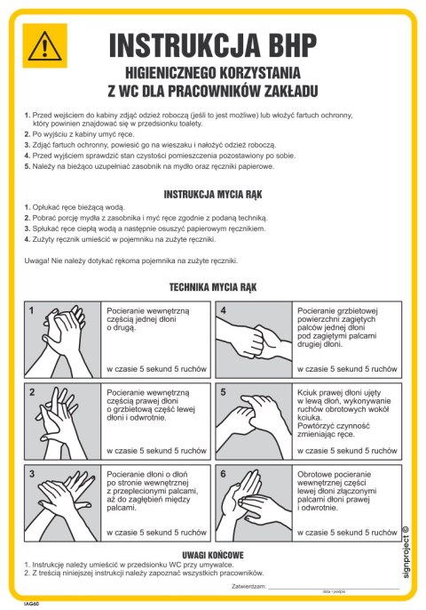IAG60 Instrukcja BHP higienicznego korzystania z wc dla pracowników zakładu, 245x350 mm, PN - Płyta 1 mm