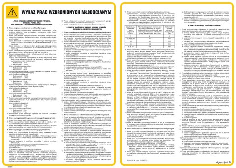 Znak IAH01 Wykaz prac zabronionych młodocianym, 490x350 mm, PN - Płyta 1 mm