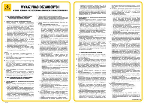 Znak IAH04 Wykaz prac dozwolonych w celu odbycia przygotowania zawodowego młodocianych, 490x350 mm, PN - Płyta 1 mm