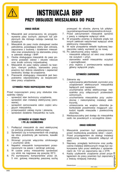 IAI02 Instrukcja BHP przy obsłudze mieszalnika do pasz, 245x350 mm, PN - Płyta 1 mm