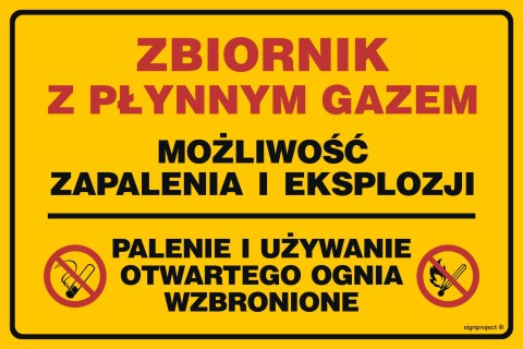 Znak JD019 Zbiornik z płynnym gazem - możliwość zapalenia i eksplozji, 100x75 mm, FN - Folia samoprzylepna