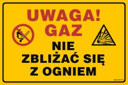 Znak JD050 Uwaga! Gaz.Nie zbliżać się z ogniem, 100x75 mm, BN - Płyta żółta 0,6mm