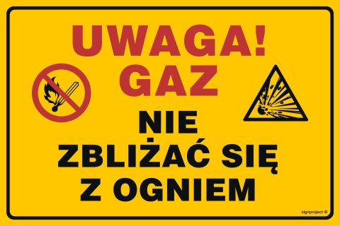 Znak JD050 Uwaga! Gaz.Nie zbliżać się z ogniem, 100x75 mm, PN - Płyta 1 mm