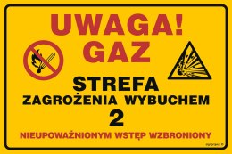 Znak JD051 Uwaga!Gaz.Strefa zagrożenia wybuchem 10, 300x225 mm, BN - Płyta żółta 0,6mm