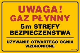 Znak JD052 Uwaga! gaz płynny 5m strefy bezpieczeństwa, 100x75 mm, FN - Folia samoprzylepna