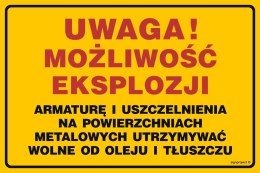 Znak JD054 Uwaga!Możliwość eksplozji, 100x75 mm, BN - Płyta żółta 0,6mm