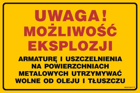 Znak JD054 Uwaga!Możliwość eksplozji, 200x150 mm, BN - Płyta żółta 0,6mm