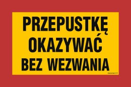 Znak JE004 Przepustkę okazać bez wezwania, 600x400 mm, BN - Płyta żółta 0,6mm