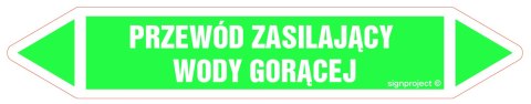 Znak JF380 PRZEWÓD ZASILAJĄCY WODY GORĄCEJ - arkusz 2 naklejek, 563x100 mm, FN - Folia samoprzylepna