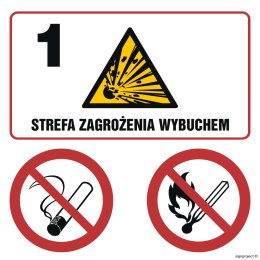 Znak NB036 Strefa zagrożenia wybuchem 1. Zakaz palenia. Zakaz używania otwartego ognia, 200x200 mm, PN - Płyta 1 mm