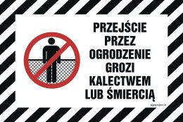 Znak NC019 Przejście przez ogrodzenie grozi kalectwem lub śmiercią, 200x133 mm, BN - Płyta żółta 0,6mm