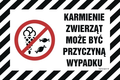 Znak NC021 Karmienie zwierząt może być przyczyną wypadku, 200x133 mm, BN - Płyta żółta 0,6mm