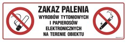 Znak NC088 Zakaz palenia wyrobów tytoniowych i papierosów elektronicznych na terenie obiektu, 300x100 mm, PN - Płyta 1 mm