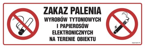 Znak NC088 Zakaz palenia wyrobów tytoniowych i papierosów elektronicznych na terenie obiektu, 600x200 mm, PN - Płyta 1 mm