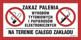 Znak NC093 Zakaz palenia wyrobów tytoniowych i papierosów elektronicznych na terenie calego zakładu, 600x300 mm, FN - Folia samo