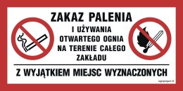 Znak NC139 Zakaz palenia i używania otwartego ognia na terenie całego obiektu z wyjątkiem miejsc wyznaczonych, 200x100 mm, PN - 