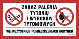 Znak NC140 Zakaz palenia tytoniu i wyrobów tytoniowych we wszystkich pomieszczeniach budynku, 200x133 mm, PN - Płyta 1 mm