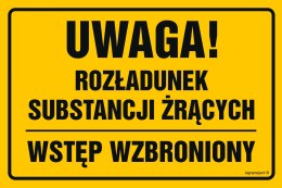 Znak ND036 Uwaga rozładunek substancji żrących wstęp wzbroniony, 200x133 mm, PN - Płyta 1 mm