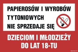 Znak ND040 Papierosów i wyrobów tytoniowych nie sprzedaje się dzieciom i młodzieży, 450x300 mm, PN - Płyta 1 mm