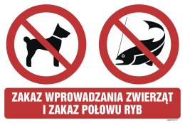 Znak OD021 Zakaz wprowadzania zwierząt i zakaz połowu ryb, 250x167 mm, PN - Płyta 1 mm