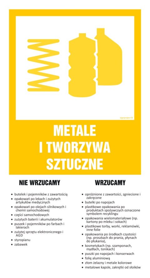 OD201 Instrukcja segregacji odpadów - METALE I TWORZYWA SZTUCZNE, 200x370 mm, FN - Folia samoprzylepna