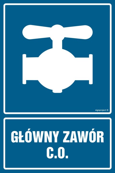 Znak JD007 Główny zawór c.o, 250x375 mm, FN - Folia samoprzylepna