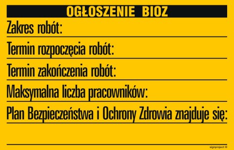 Tablica OA089 Tablica budowlana "Ogłoszenie", 700x450 mm, BN - Płyta żółta 0,6mm