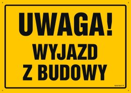 Tablica OA090 Uwaga! Wyjazd z budowy, 350x250 mm, BN - Płyta żółta 0,6mm