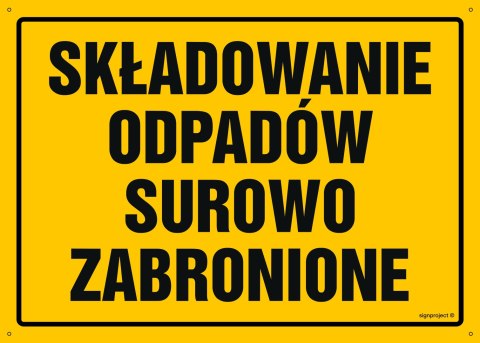 Tablica OA033 Składowanie odpadów surowo zabronione, 350x250 mm, BN - Płyta żółta 0,6mm