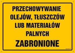 Tablica OA049 Przechowywanie olejów, tłuszczów lub materiałów palnych zabronione, 350x250 mm, BN - Płyta żółta 0,6mm