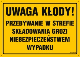 Tablica OA100 Uwaga kłody! Przebywanie w strefie składowania grozi niebezpieczeństwem wypadku, 350x250 mm, BN - Płyta żółta 0,6m