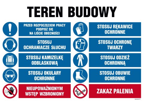 Tablica OI016 Teren budowy, Przed rozpoczęciem pracy podpisz się na liście obecności, Stosuj rękawice ochronne, St, 1000x750 mm,