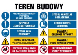 Tablica OI017 Teren budowy, Przed rozpoczęciem pracy podpisz się na liście obecności, Stosuj kamizelkę odblaskową, 1000x750 mm, 