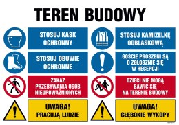 Tablica OI020 Teren budowy, Uwaga! Praca ciężonny, Stosuj kamizelkę odblaskową, Stosuj obuwie ochronne, Goście pro, 1000x750 mm,