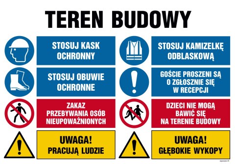 Tablica OI020 Teren budowy, Uwaga! Praca ciężonny, Stosuj kamizelkę odblaskową, Stosuj obuwie ochronne, Goście pro, 1050x700 mm,