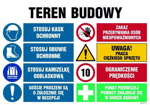 Tablica OI023 Teren budowy, Stosuj kask ochronny, Zakaz przebywania osób nieupoważnionych, Stosuj obuwie ochronne,, 1000x750 mm,