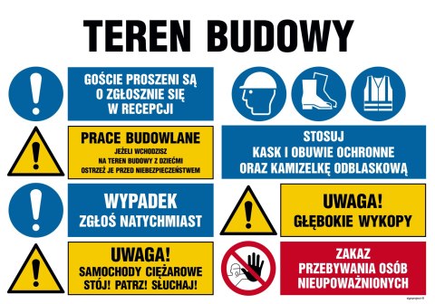 Tablica OI024 Teren budowy, Goście proszeni są o zgłoszenie się w reccepcji, Prace budowlane, jeżeli wchodzisz na, 1000x750 mm, 