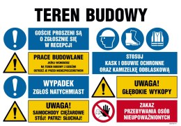 Tablica OI024 Teren budowy, Goście proszeni są o zgłoszenie się w reccepcji, Prace budowlane, jeżeli wchodzisz na, 1050x700 mm, 