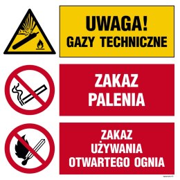 Naklejka OI028 Uwaga! gazy techniczne, Zakaz palenia, Zakaz używania otwartego ognia, 700x700 mm, FN - Folia samoprzylepna