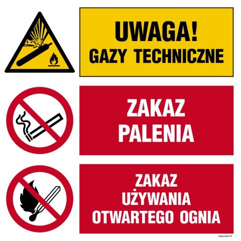 Tablica OI028 Uwaga! gazy techniczne, Zakaz palenia, Zakaz używania otwartego ognia, 700x700 mm, ON - Blacha ocynk