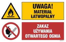 Tablica OI037 Uwaga! materiał łatwopalny, Zakaz używania otwartego ognia, 700x467 mm, PN - Płyta 1 mm