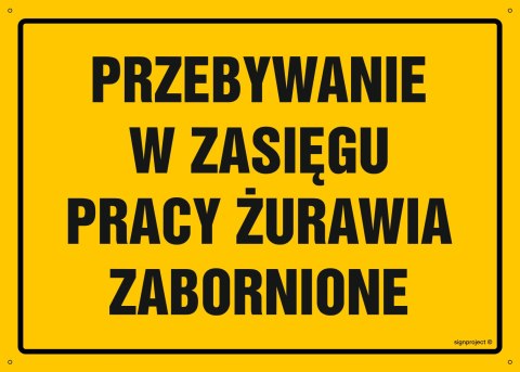 Tablica OA206 Przebywanie w zasięgu pracy żurawia zabronione, 300x215 mm, BN - Płyta żółta 0,6mm